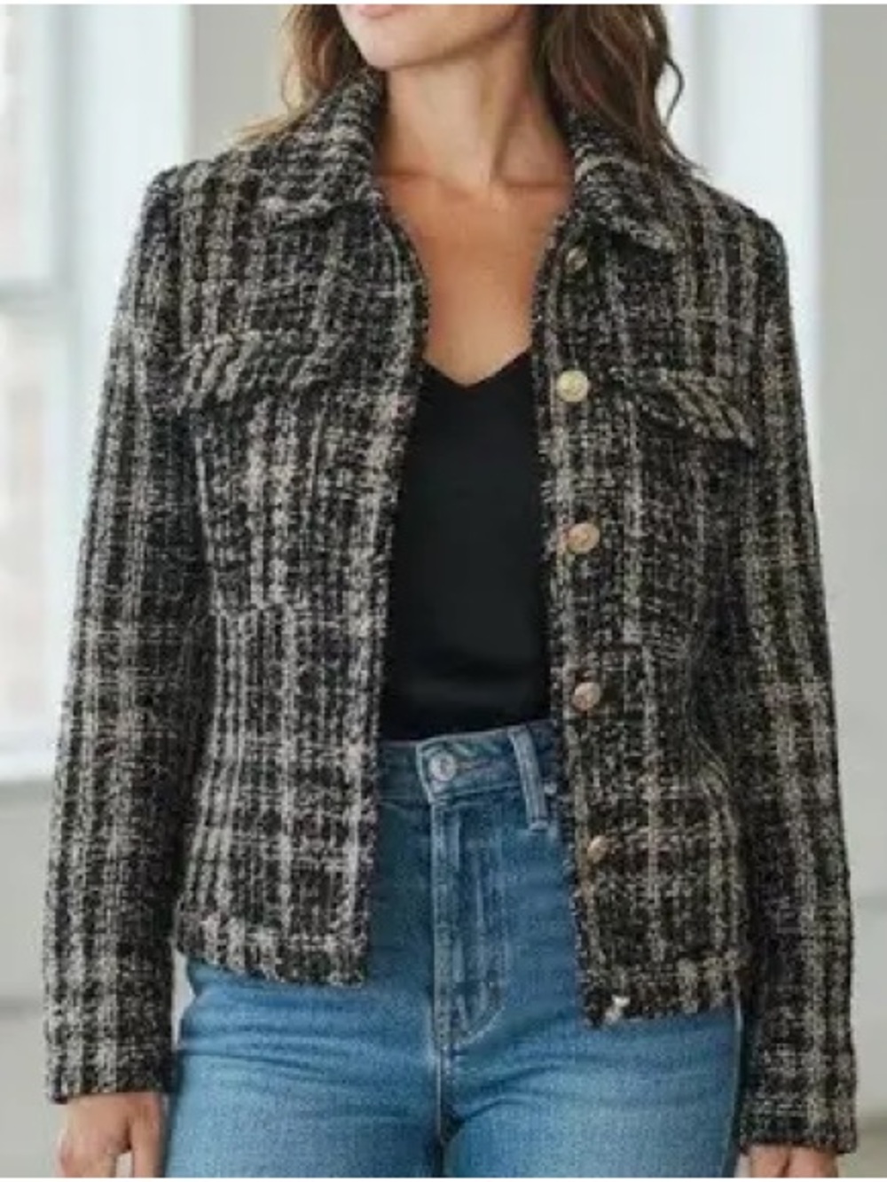 Nine West Black and Tan Tweed Boucle Button-Front Blazer Jacket - Size Medium ✨